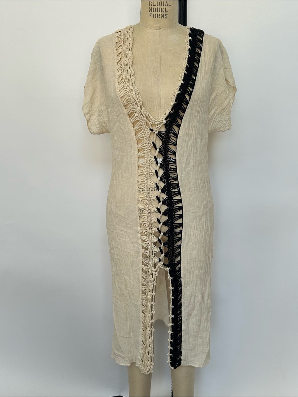 Cream Crochet Trim V-Neck Coverup with Black Accent